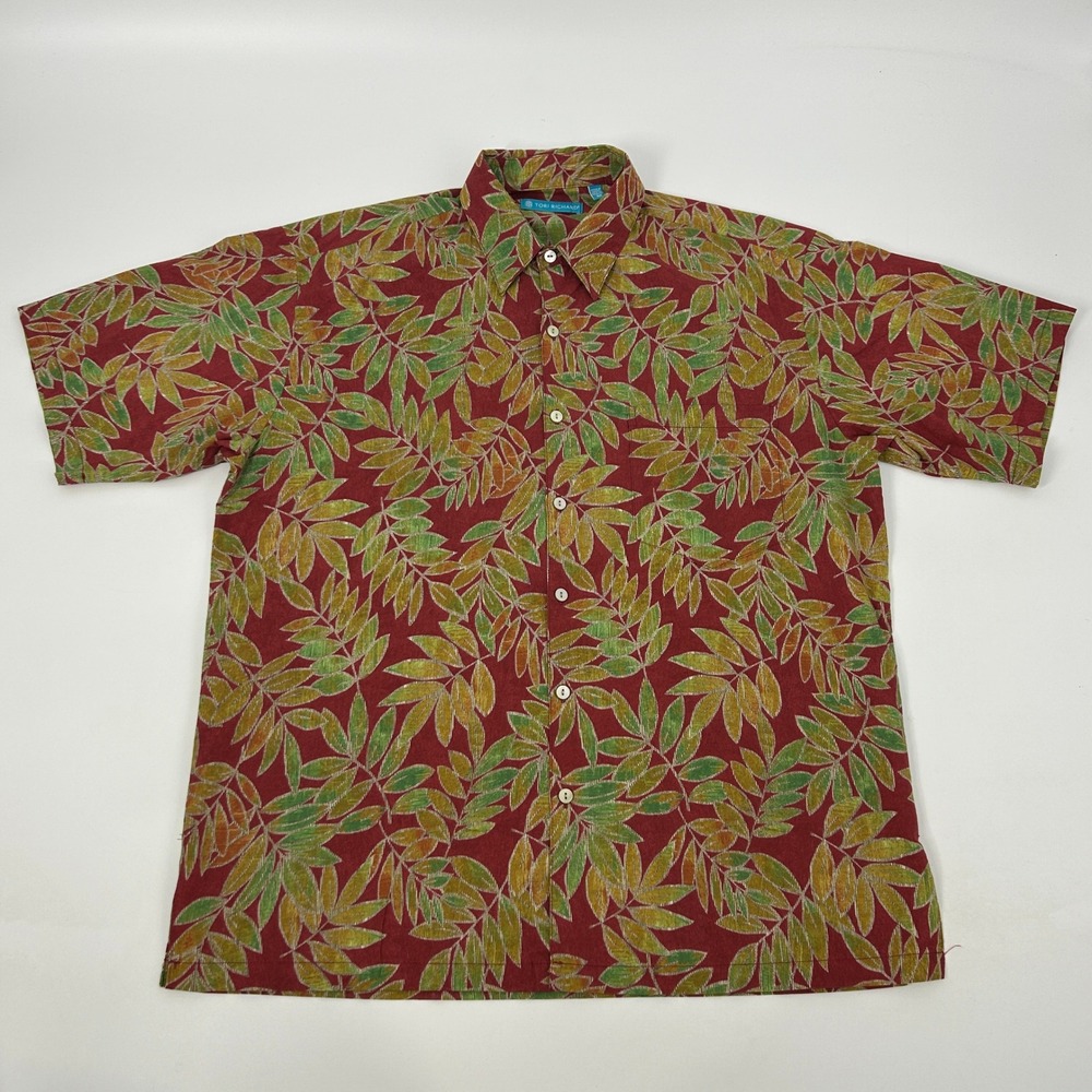 Tori Richard Shirt Men's Medium Red Green Leaf Print Short Sleeve Button Up - Picture 2 of 9